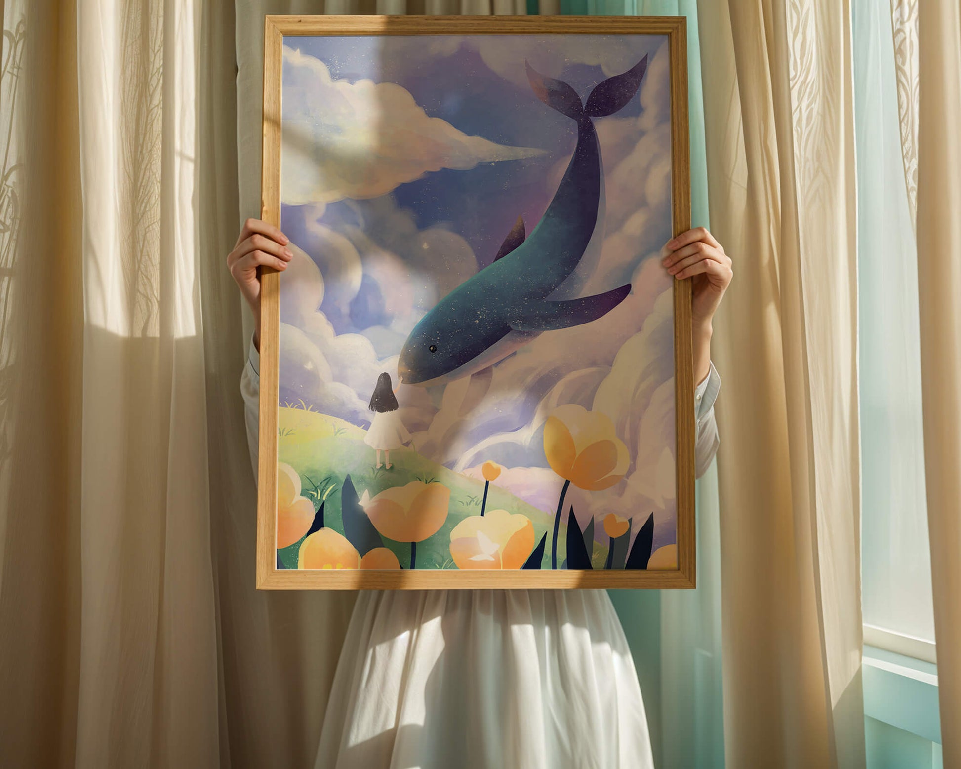 Paisaje surrealista con una ballena gigante y elementos caprichosos