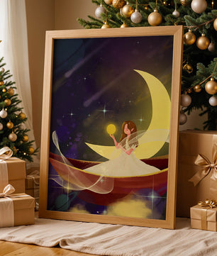 Enchanted night scene with a fairy on a crescent moon