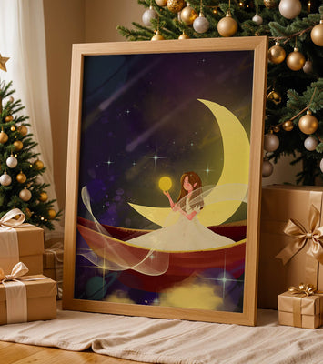 Enchanted night scene with a fairy on a crescent moon