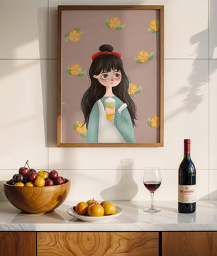 Illustration of a girl with a beverage surrounded by citrus slices