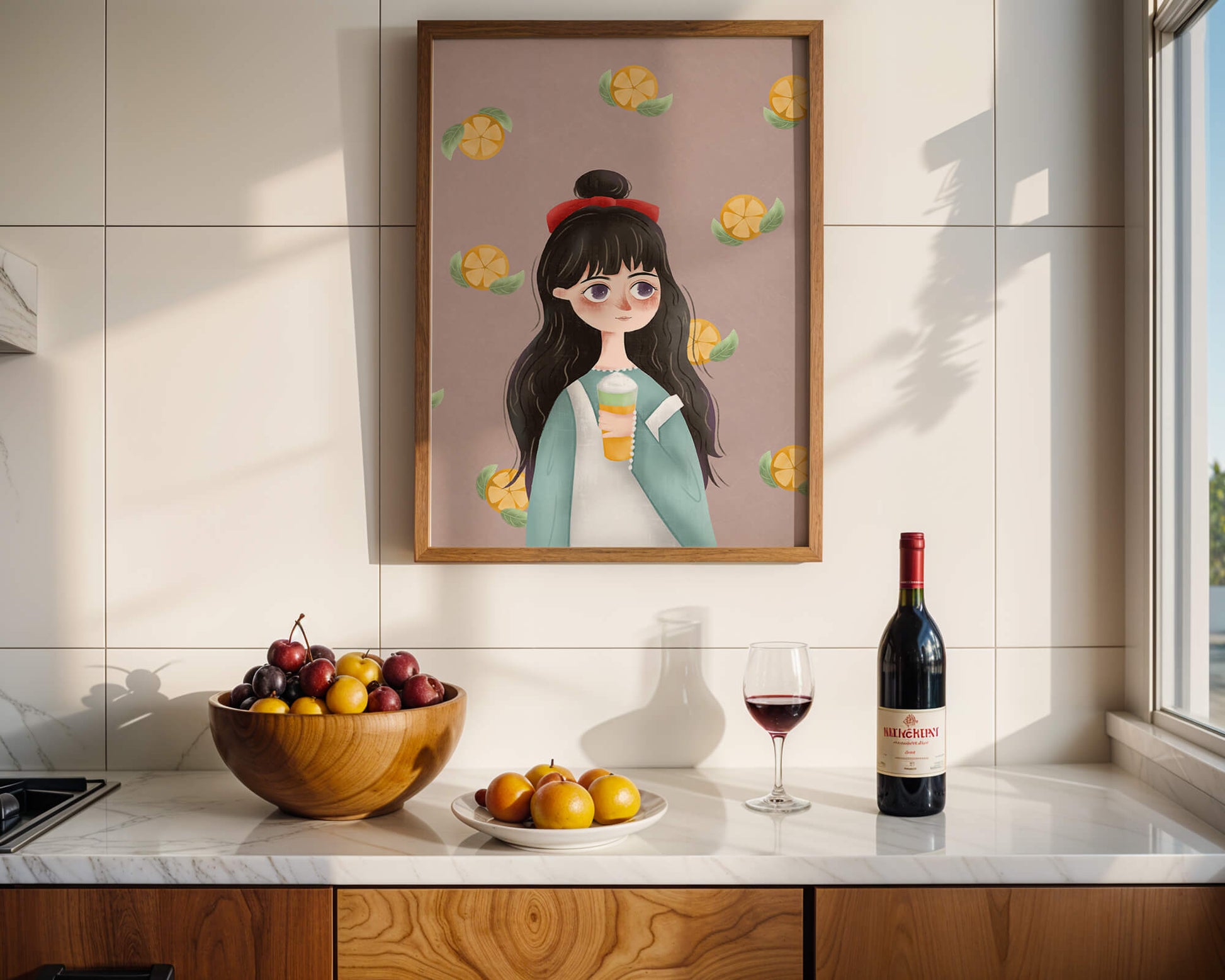 Illustration of a girl with a beverage surrounded by citrus slices