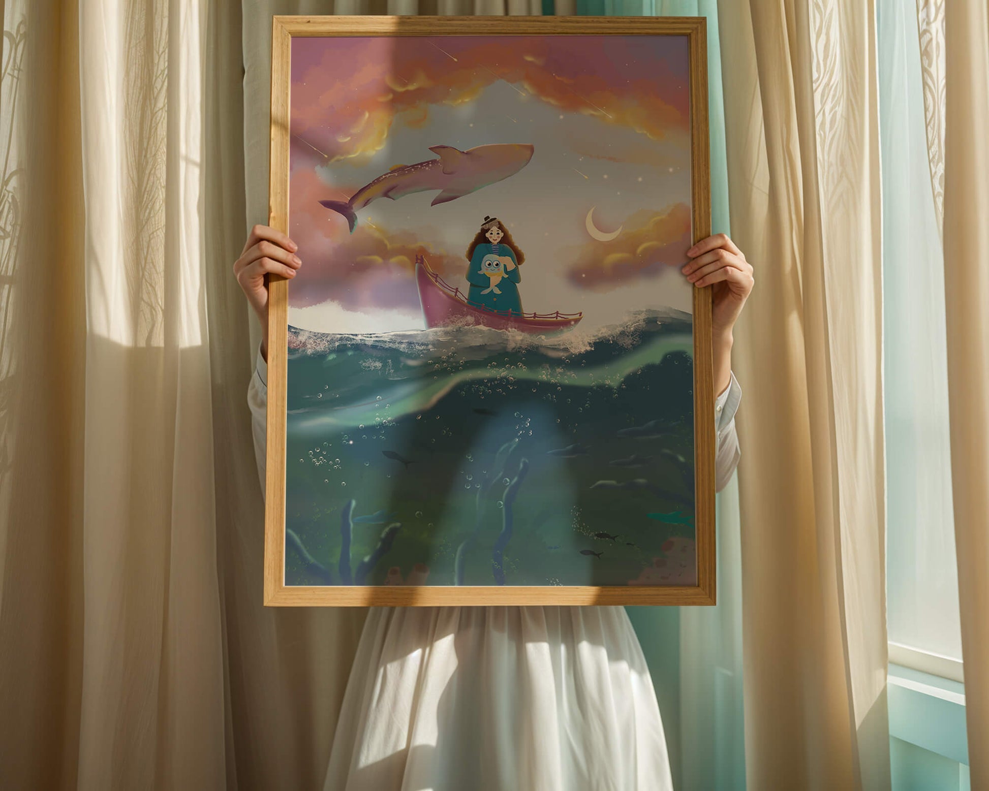 Whimsical illustration of a girl on a boat with a flying whale