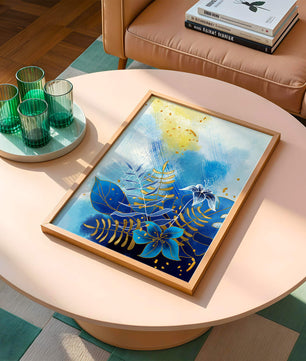 Floral illustration with blue leaves and golden accents on abstract background