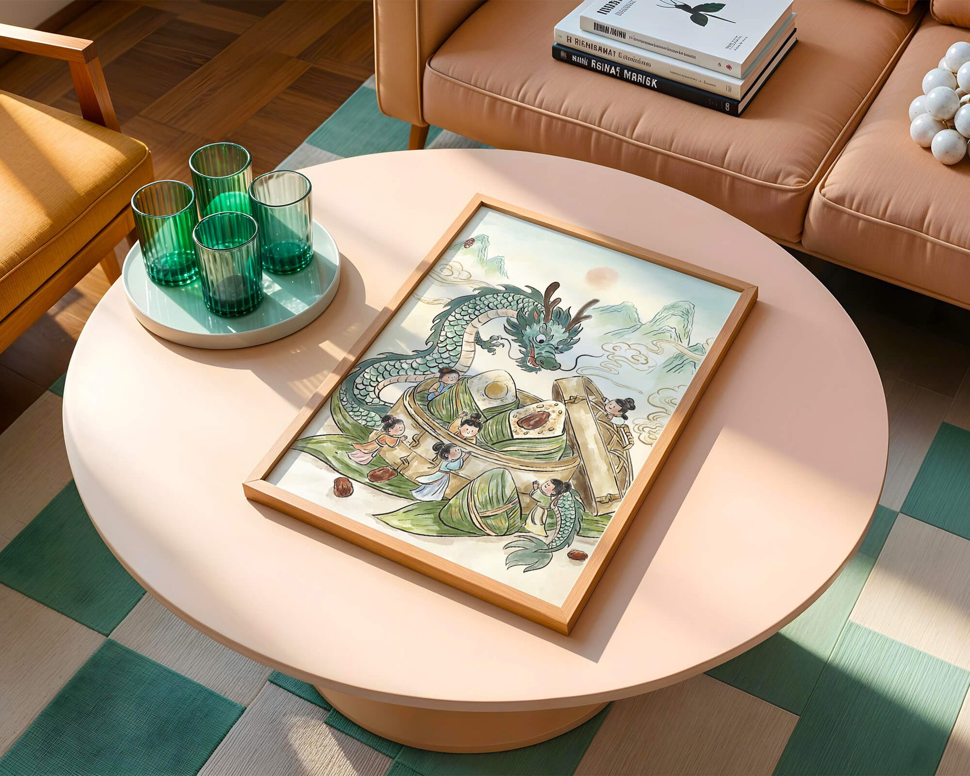 Dragón y dumplings al vapor con niños en un paisaje montañoso