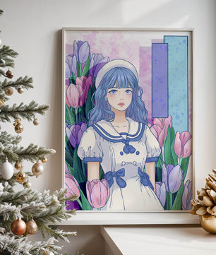 Illustration d'une fille en robe de marin parmi des tulipes avec une palette de couleurs pastel
