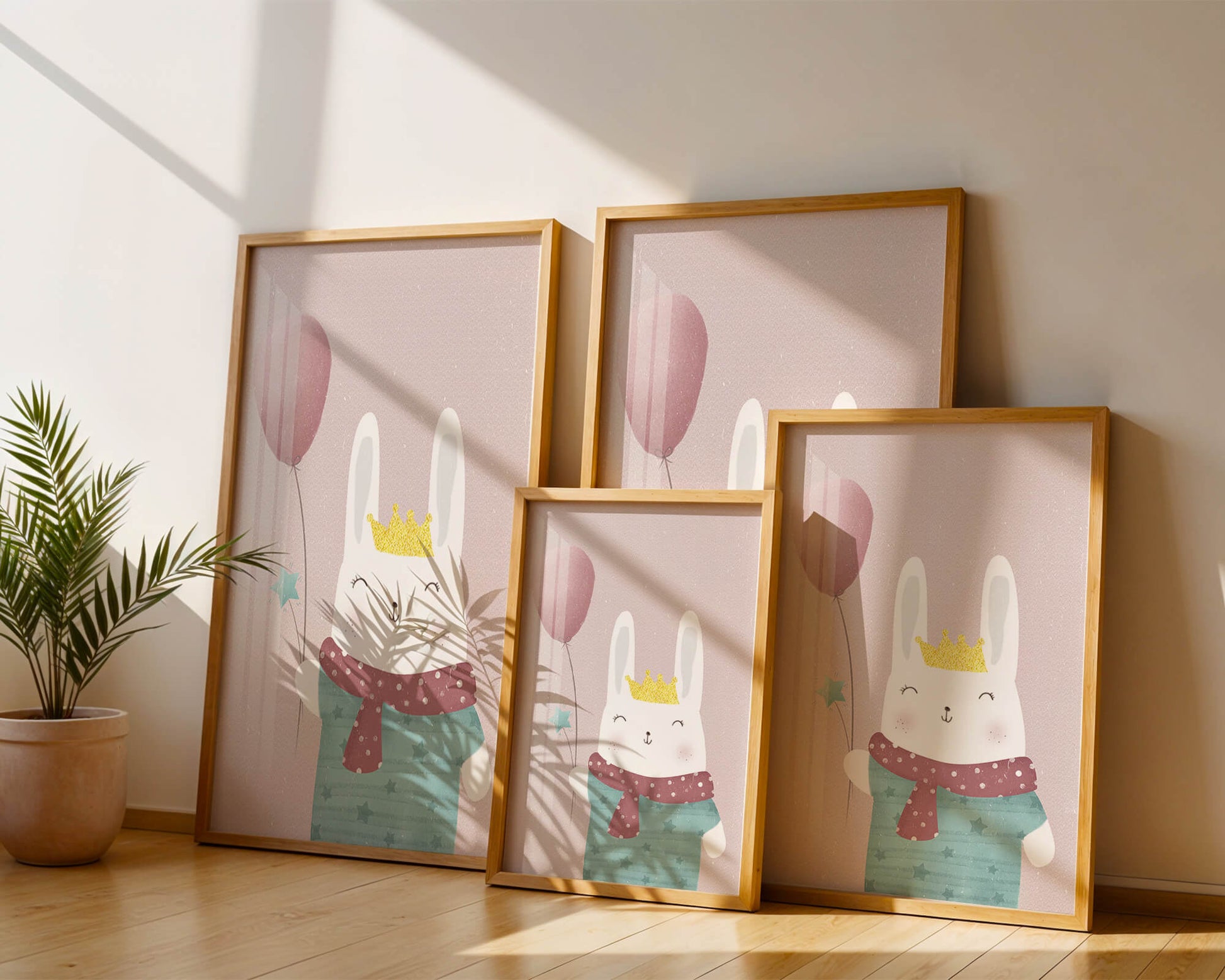Adorable ilustración de conejito con globo rosa y corona dorada.