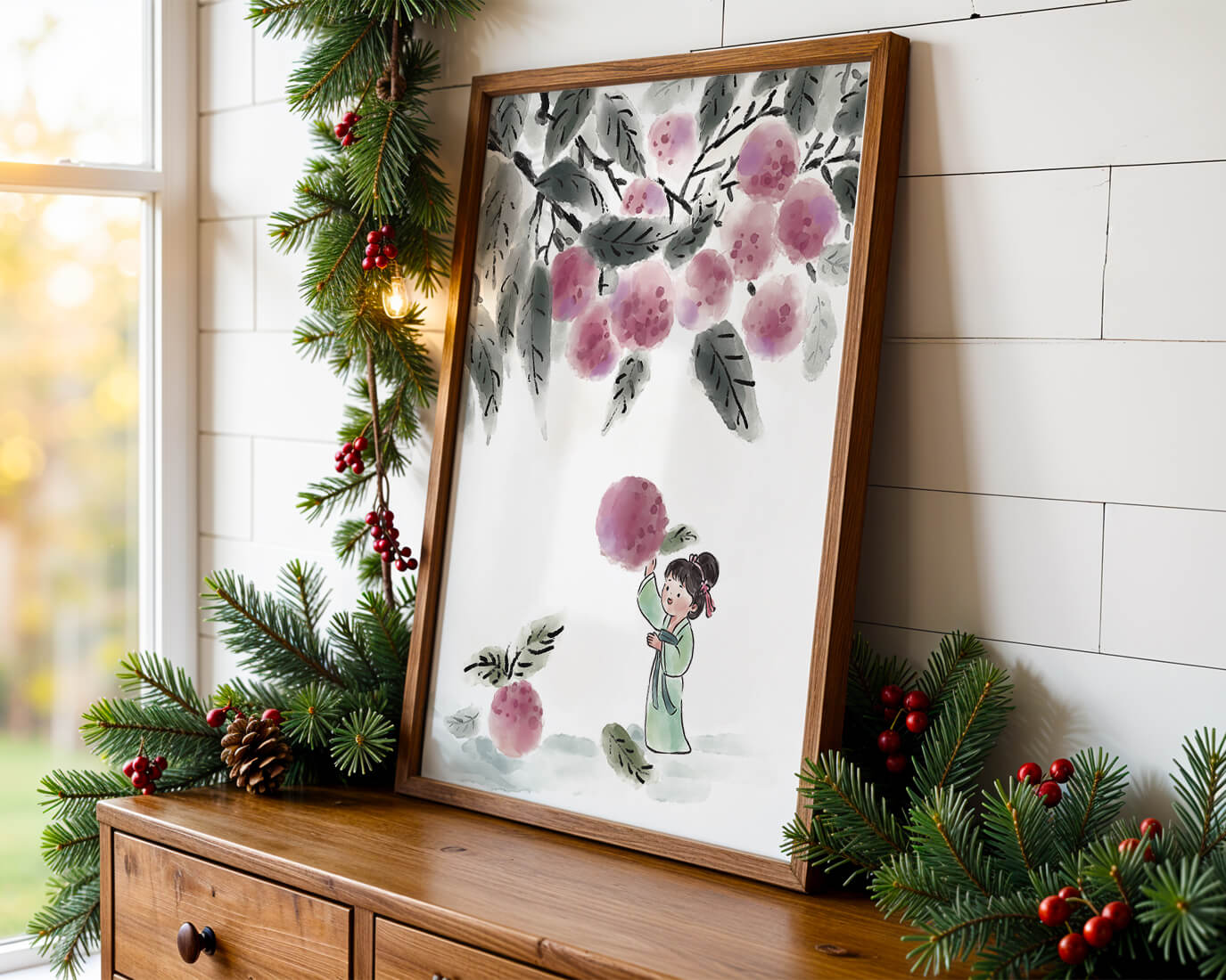 Ilustración encantadora de un niño con ropa tradicional, bayas vibrantes y hojas exuberantes