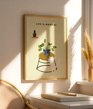 Ilustración encantadora de un gato con planta y mensaje inspirador