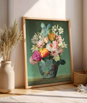 Floral arrangement in a decorative vase on a green background
