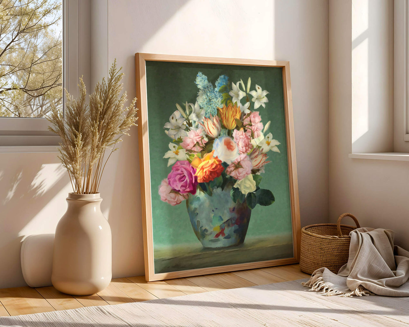 Floral arrangement in a decorative vase on a green background