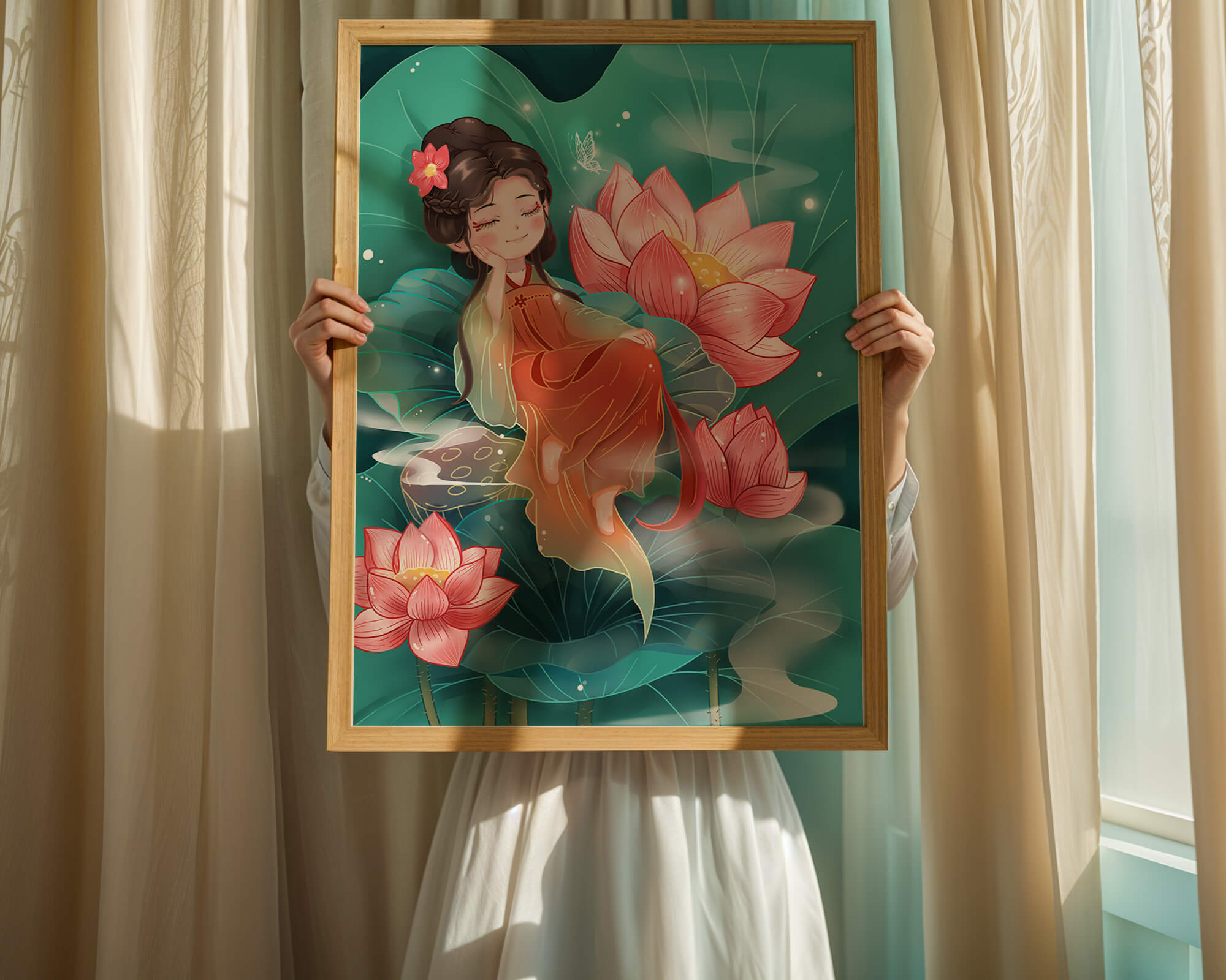 Charming illustration of a girl resting amidst lotus flowers