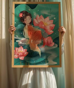 Charmante illustration d'une fille se reposant parmi des fleurs de lotus