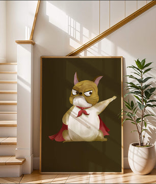 Cartoon superhero dog with red cape illustrating playful strength