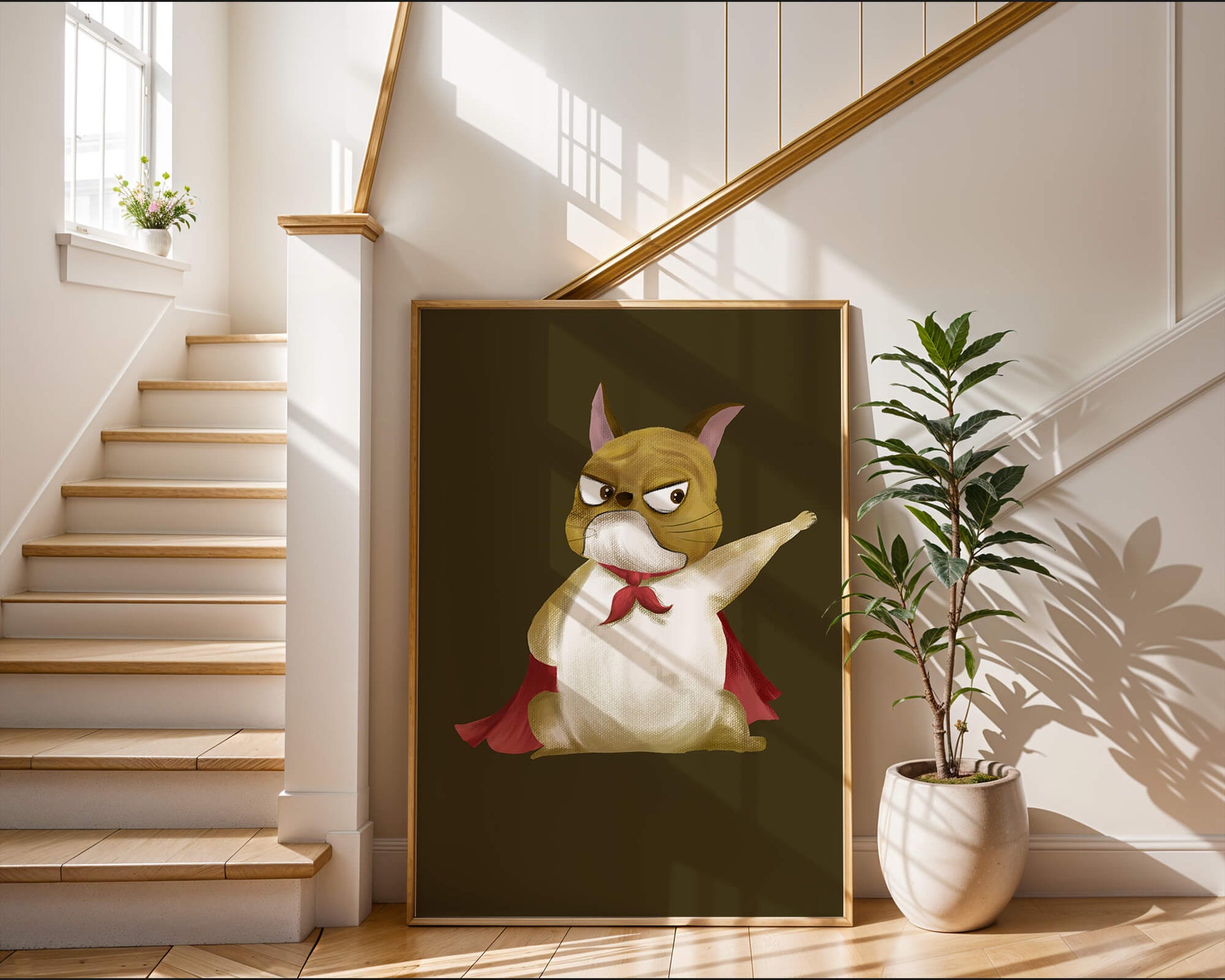 Cartoon superhero dog with red cape illustrating playful strength