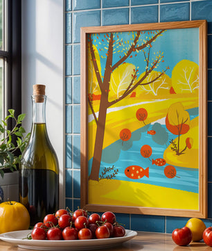 Paysage d'automne coloré avec rivière et arbres vibrants