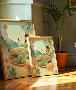 Charming Scene with Traditional Dress and Scenic Landscape Featuring Floral Elements and Birds