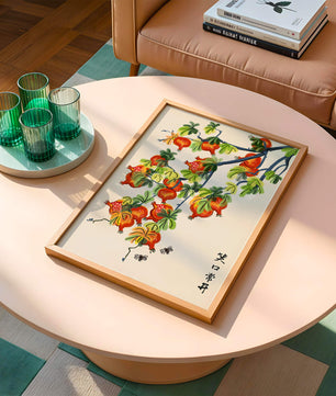 Artistic illustration of vibrant pomegranates on a branch with Asian aesthetic