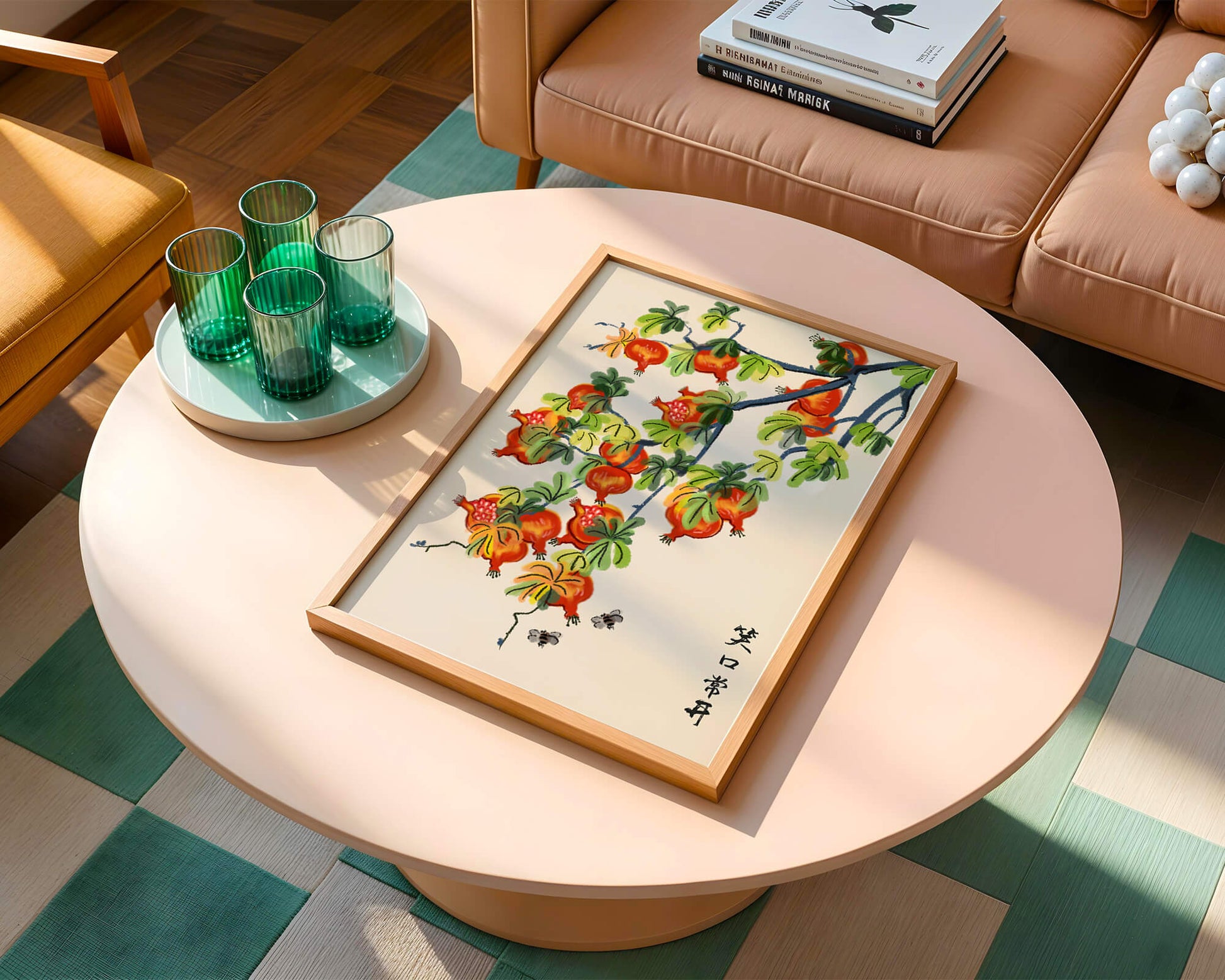 Artistic illustration of vibrant pomegranates on a branch with Asian aesthetic