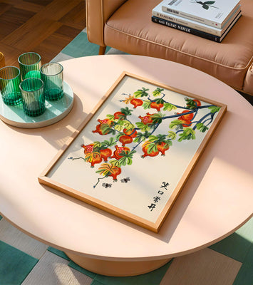 Artistic illustration of vibrant pomegranates on a branch with Asian aesthetic