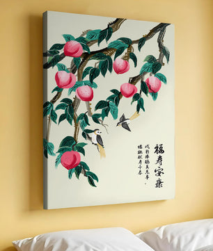 Delicate illustration of peach tree with birds and calligraphy