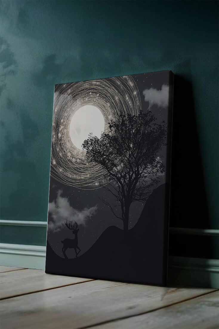 Enchanted night scene with deer silhouette and glowing moon