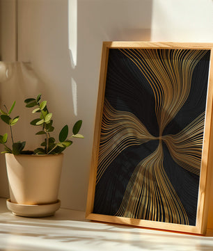 Líneas doradas abstractas sobre fondo negro con flujo dinámico