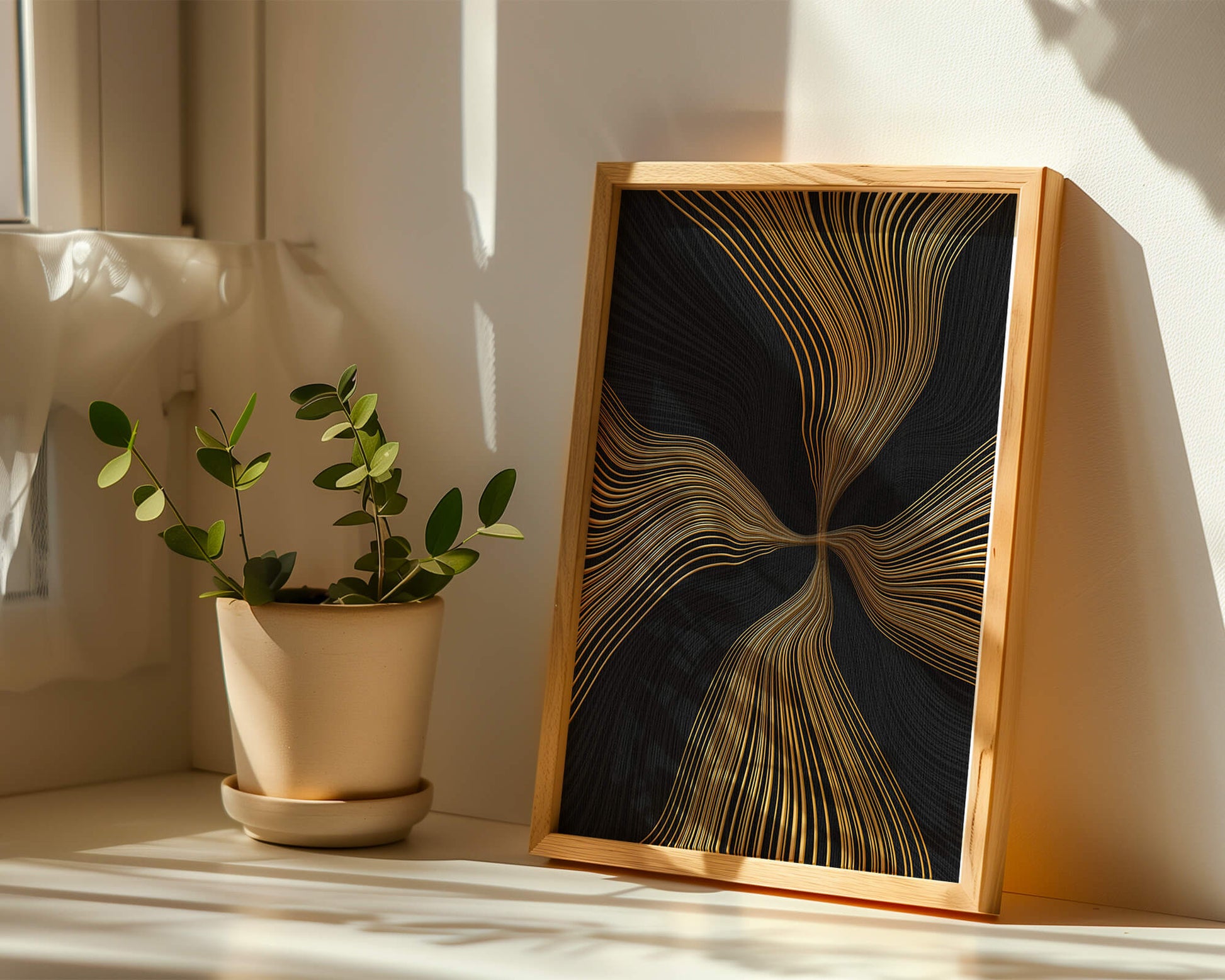 Líneas doradas abstractas sobre fondo negro con flujo dinámico