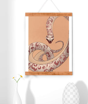 Elegant coiled snake with floral patterns in an artistic composition