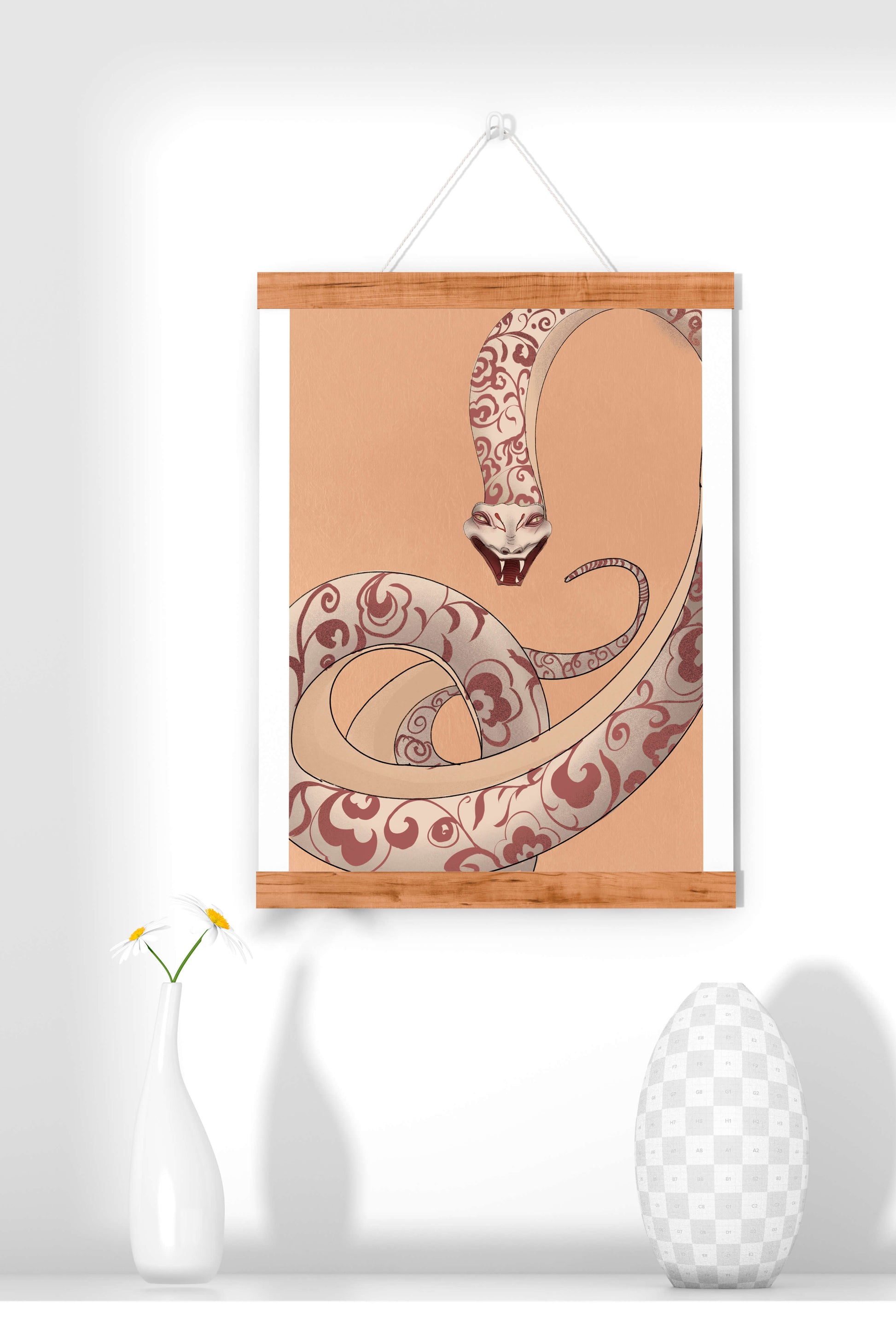 Elegant coiled snake with floral patterns in an artistic composition
