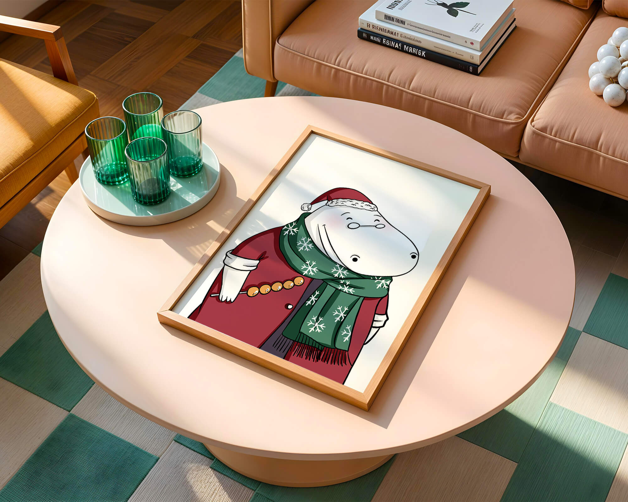 Festive hippo in a red outfit with a green snowflake scarf