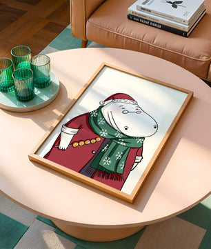 Festive hippo in a red outfit with a green snowflake scarf