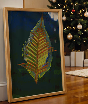 Abstract digital artwork featuring a vibrant multicolored leaf