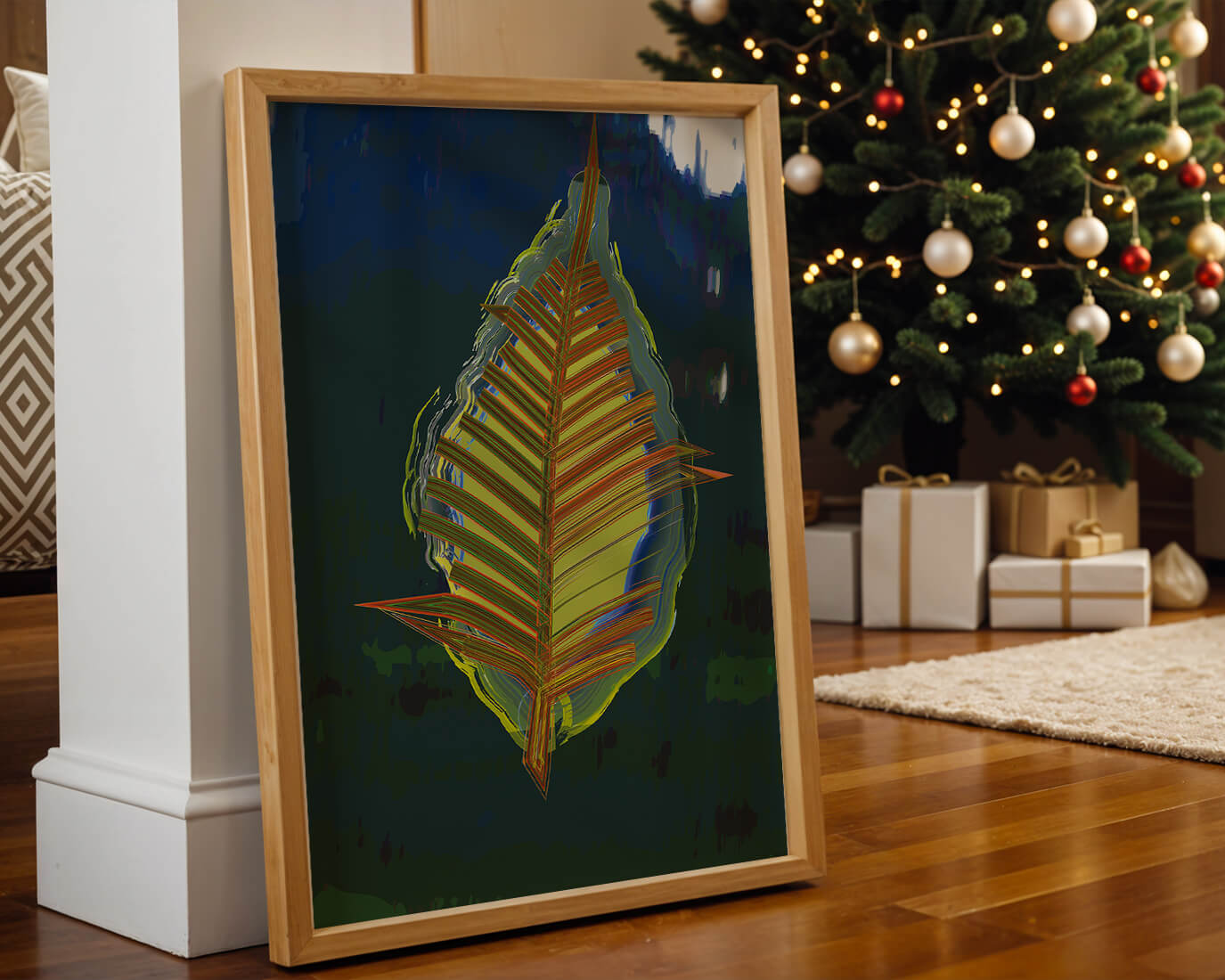Abstract digital artwork featuring a vibrant multicolored leaf