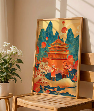 Traditionelles chinesisches Fest mit Laternen und Löwentanz
