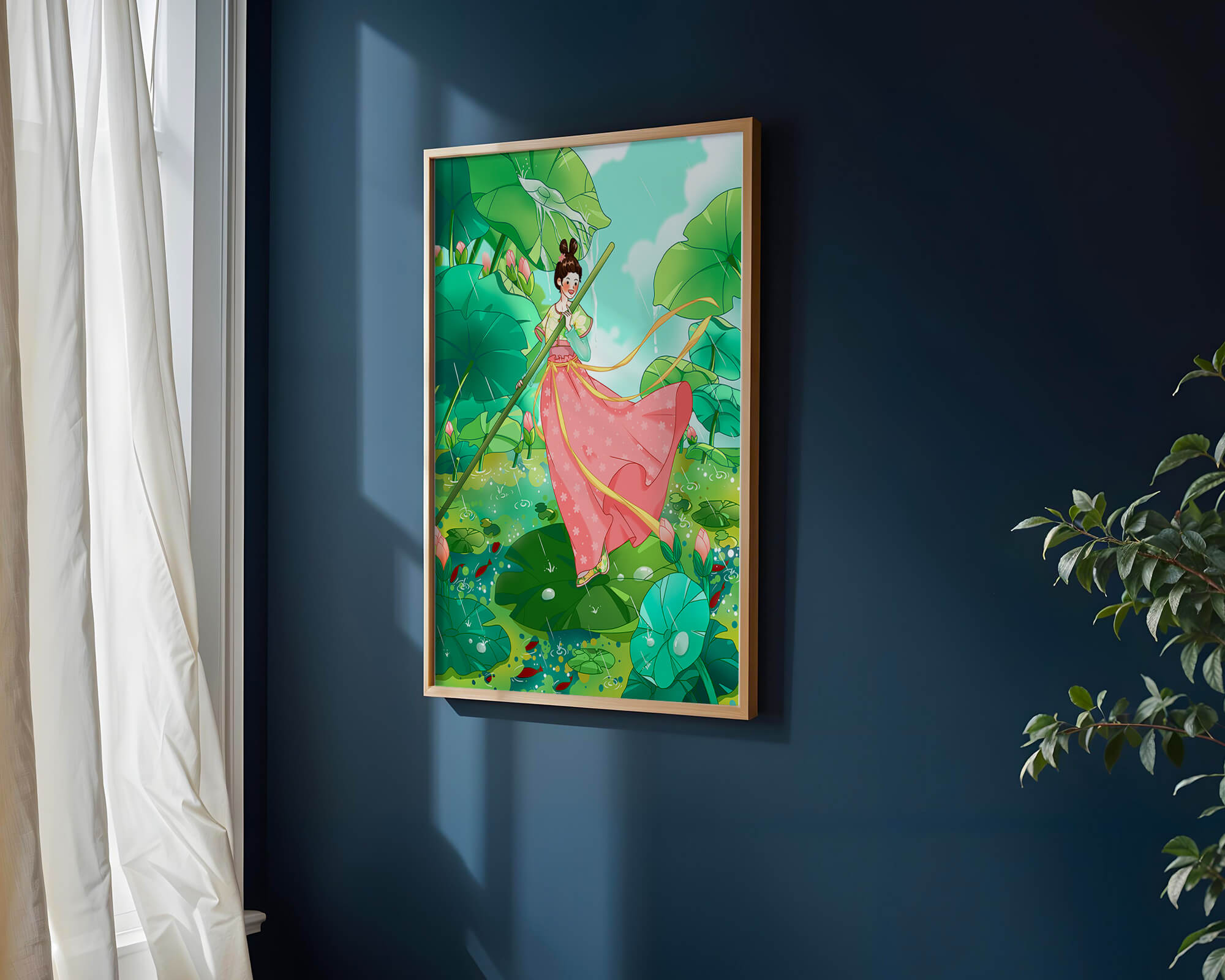 A whimsical scene of a girl in traditional dress among vibrant lotus leaves