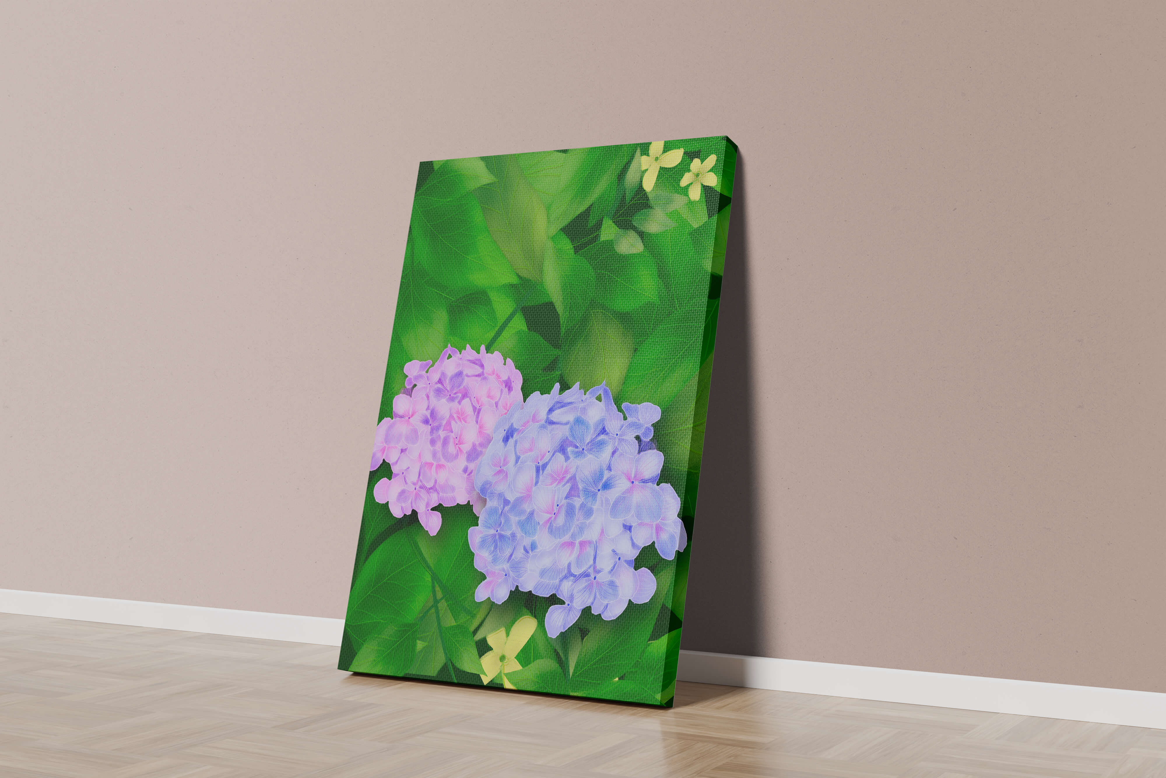 Delicate hydrangeas with lush green leaves in a vibrant botanical scene