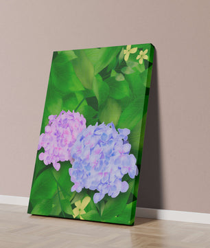 Delicate hydrangeas with lush green leaves in a vibrant botanical scene