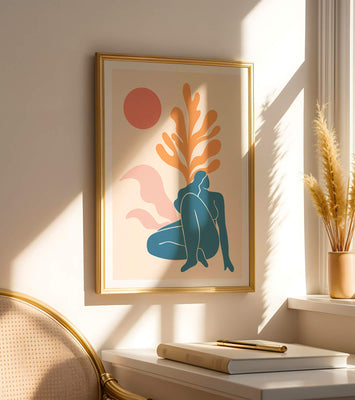 Abstract Nude Figure in Minimalist Design with Botanical Elements
