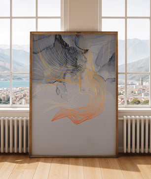 Elegantes abstraktes Design mit fließenden goldenen und orangefarbenen Linien auf blauem Hintergrund
