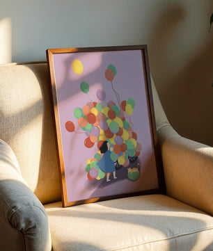 Bunte Luftballons mit einem Kind und einer Katze auf violettem Hintergrund