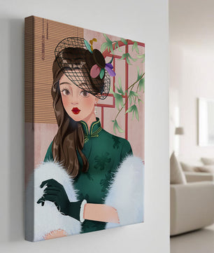 Elegant woman in vintage attire with netted hat and floral elements