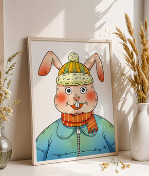 Whimsical cartoon bunny in winter attire with a striped scarf and beanie hat