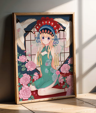 Chica anime elegante con atuendo tradicional y detalles florales y de grulla