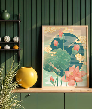 Ruhiges orientalisches Lotus-Design mit Libellen und Wolken