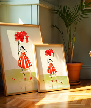 Young girl holding large red flower standing in puddle illustration