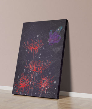 Vivid Night Sky with Red Spider Lilies and Purple Butterfly - Mi tienda