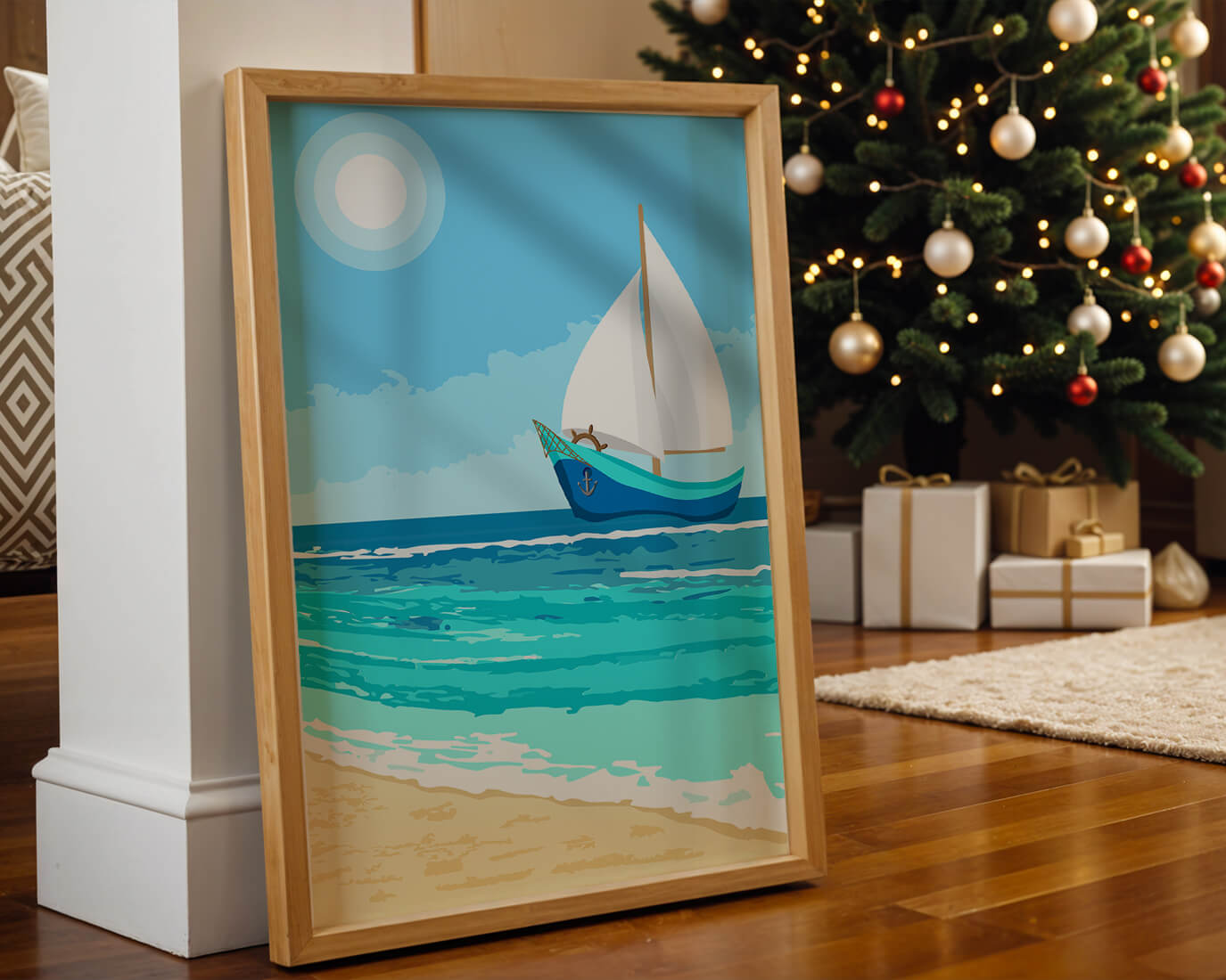 Serene ocean scenery with sailboat under the sun