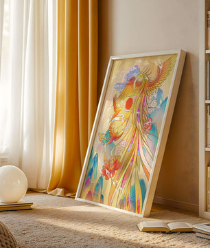 Colorful phoenix soaring in a dreamlike sky with vibrant flowers and mountains