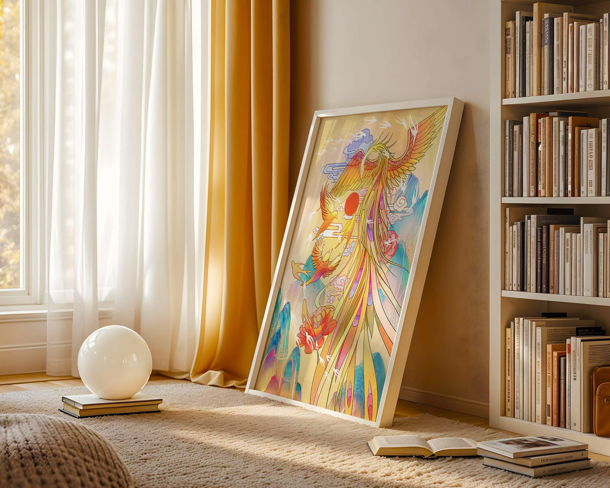 Colorful phoenix soaring in a dreamlike sky with vibrant flowers and mountains