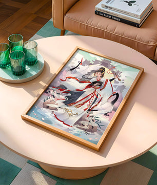 Elegant Asian Artistry with a Crane and Traditional Attire